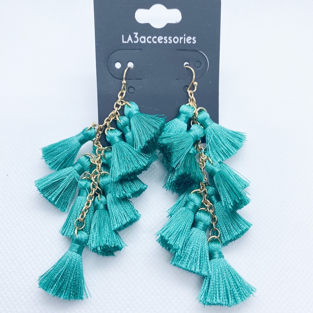 Teal mini tassel earrings